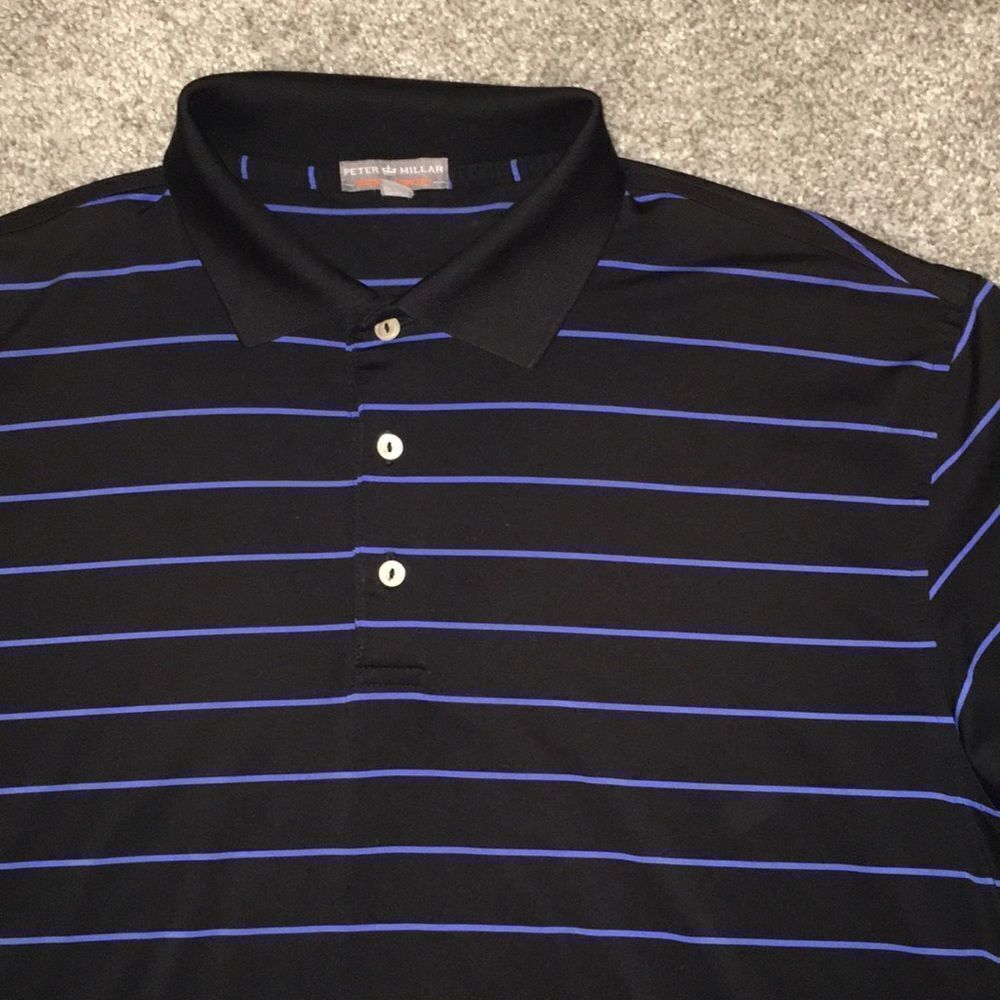Peter Millar Summer Comfort Black &!Blue stripe no logo golf polo shirt L